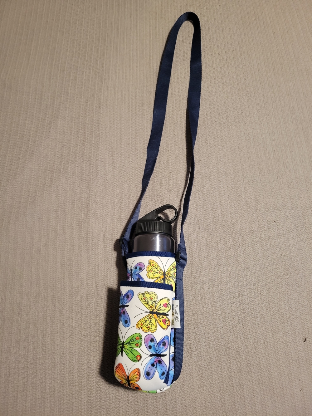 Brighton Butterfly Water Bottle Carrier with Navy Strap
